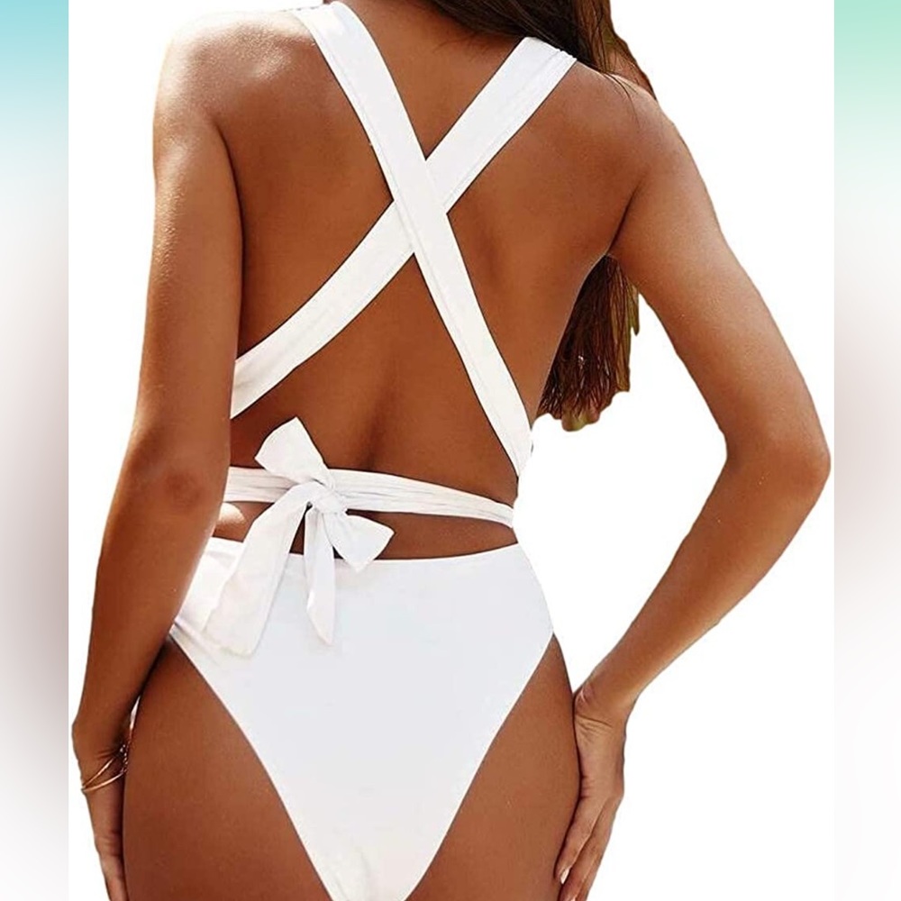 High waisted white bathing suit
